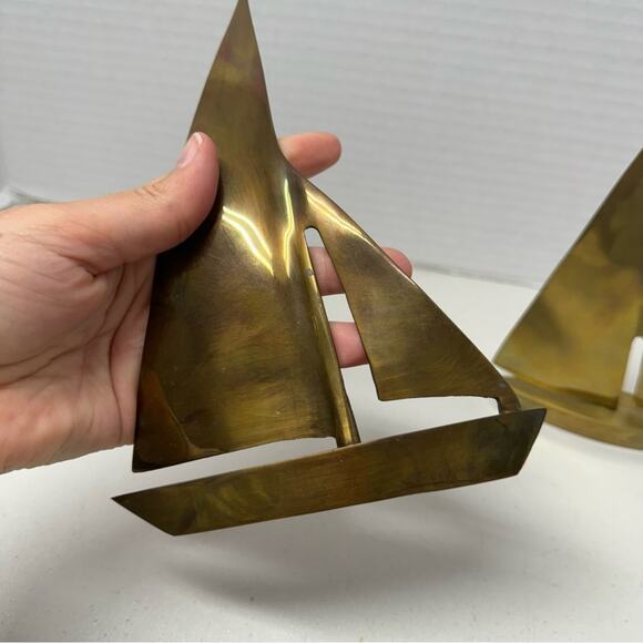 Vintage Brass Metal Sailboats Set Of Two Decor Accent Shelf - Picture 6 of 11